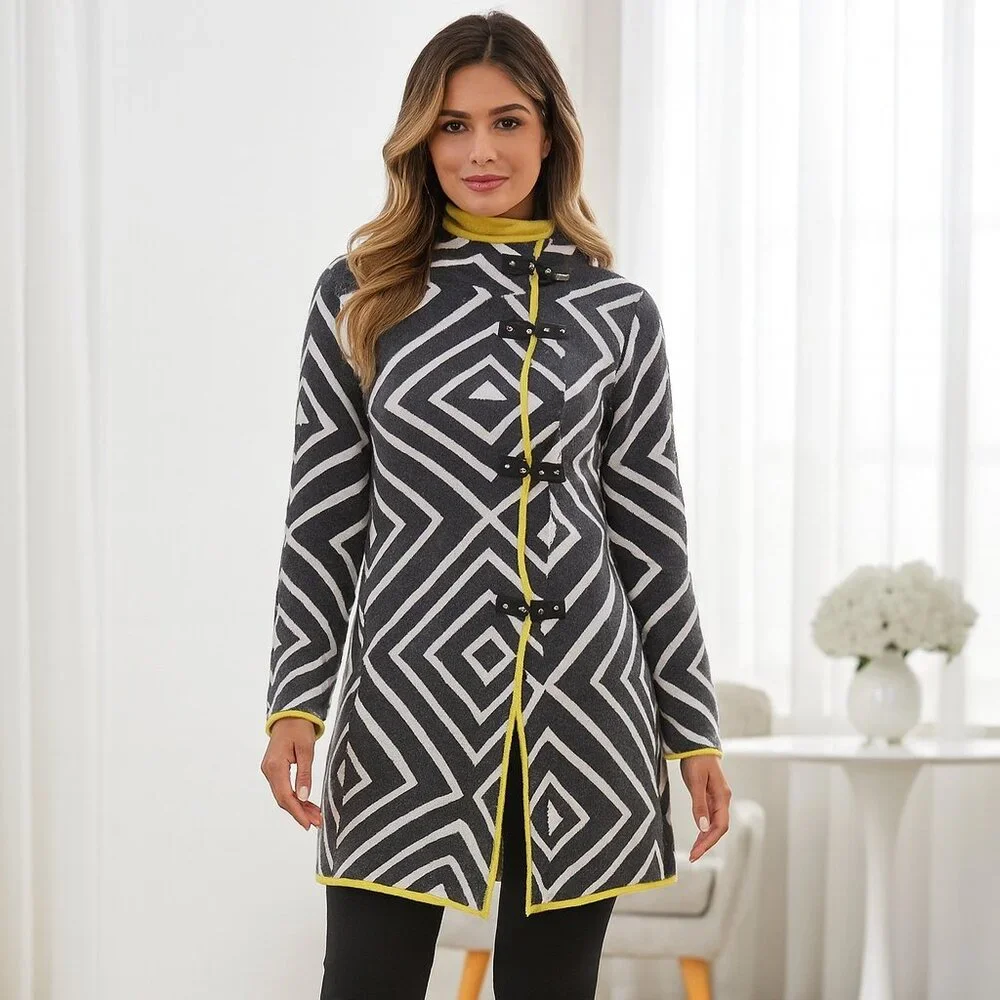 Marble Buckle Detail Longline Art-to-Wear Cardigan Sweater Jacket Size M